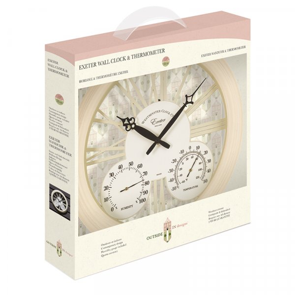 Outdoor Indoor Exeter 15" Wall Clock with Thermometer & Hygrometer Garden Cream 