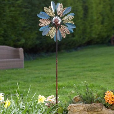 Collections Etc Double Pinwheel Wind Spinner with Glass Ball Solar Light Brown Outdoor Garden and Yard Decoration 