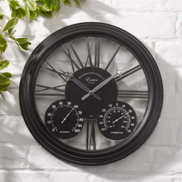 15in Exeter Wall Clock & Thermometer - Black